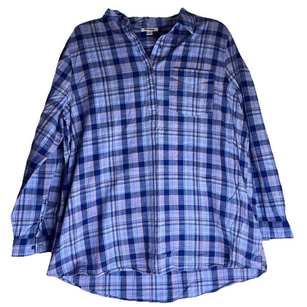 Goodthreads Women's XL Long-Sleeve Shirt Blue Plaid Front‎ Pocket Quarter Button